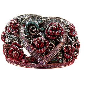 NWB Heidi Daus Queen of Hearts Crystal Rose Hinged Cuff Bracelet Bronze Tone Box